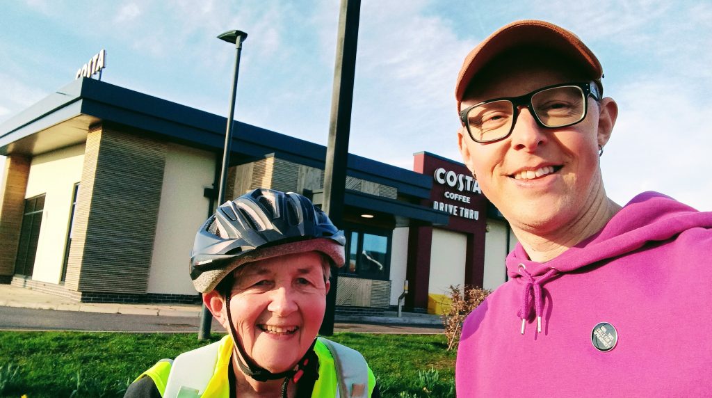 Judith and Colin outside Costa North Petherton