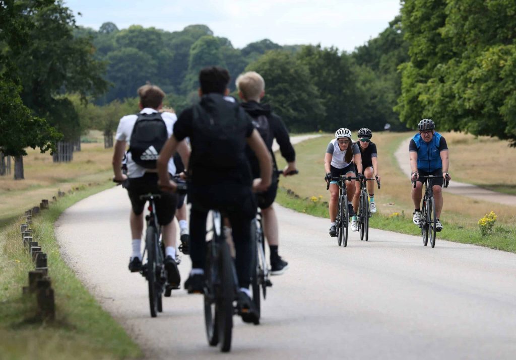 two groups of people passing each other on bikes in a park