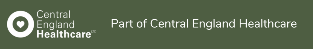 "Central England Healthcare" written to the right of their logo which is a white circle with a heart in the middle on a dark green background. To the right of this, "Part of Central England Healthcare" is also written in white.
