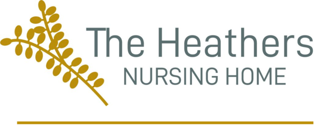 A logo which is gold coloured leaves with "The Heathers NURSING HOME" written in black text ti the right of it. All on a white background.