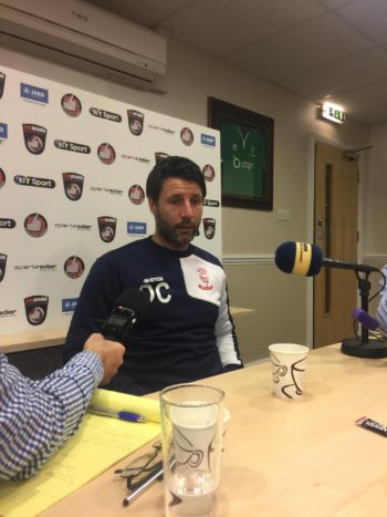 Danny Cowley talking at his press conference ahead of Tranmere. Photo: Danyal Khan