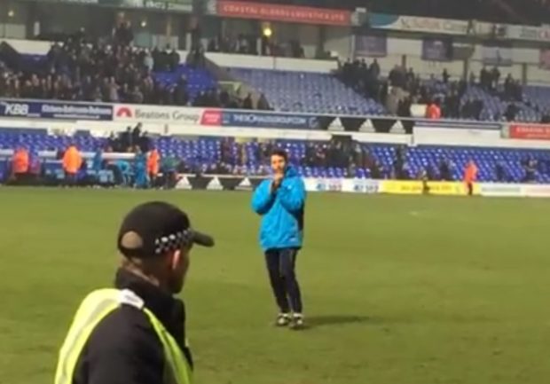 Danny Cowley salutes the Lincoln fans at the end of the match (Photo: James Williams)