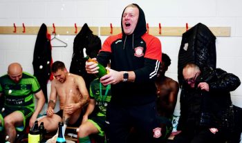 Dave Frecklington celebrates Lincoln United's promotion. Credit: Ed Mayes Photography