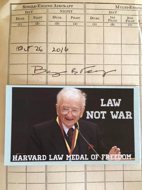 Mr Ben Ferencz signature from 2016 in The Log Book.
