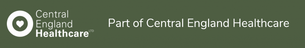 "Central England Healthcare" written to the right of their logo which is a white circle with a heart in the middle on a dark green background. To the right of this, "Part of Central England Healthcare" is also written in white.