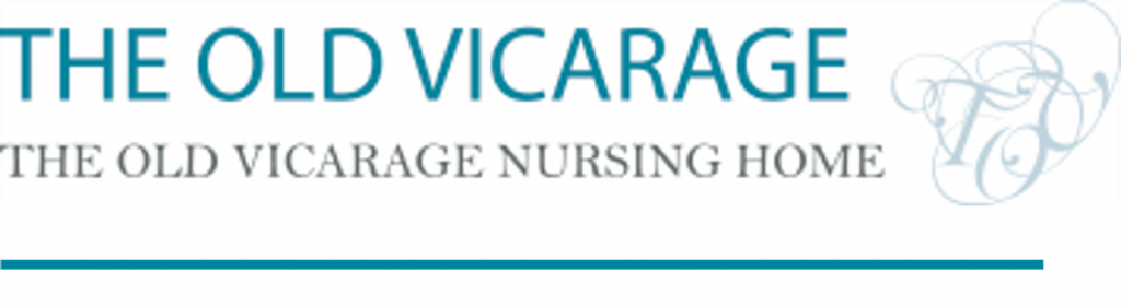 "THE OLD VICARAGE" written in large blue text with "THE OLD VICRAGE NURSING HOME" written in black underneath.