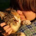 Vrouw die stressvrije kat knuffelt in de zon