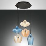 Hengelampe Olbia, Ø 50 cm, 5 lyskilder, rav/blå/beige, glass
