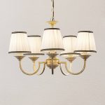 Lindby lysekrone Lumiel, 5-lys, krem/messing, tekstil