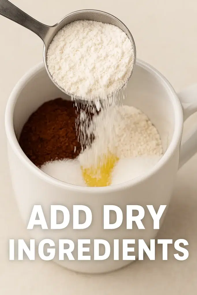 3-Mins Chocolate Mug Cake (No Oven, No Egg, Super Easy) 10 Step 2 Add Sugar Salt Baking Powder pinterest 1
