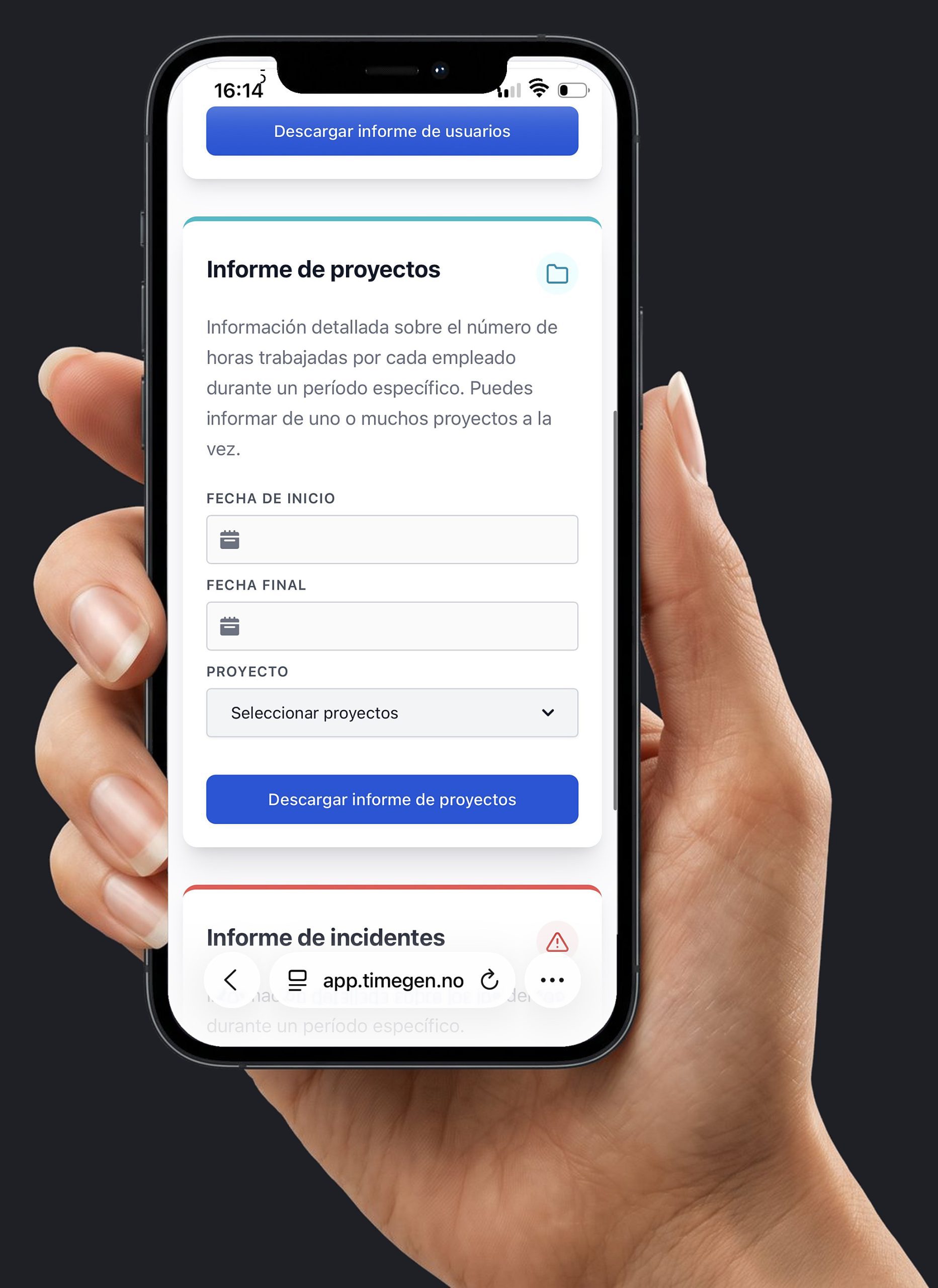 Mano con el móvil: el informe de horas por proyecto. Datos de ejemplo.