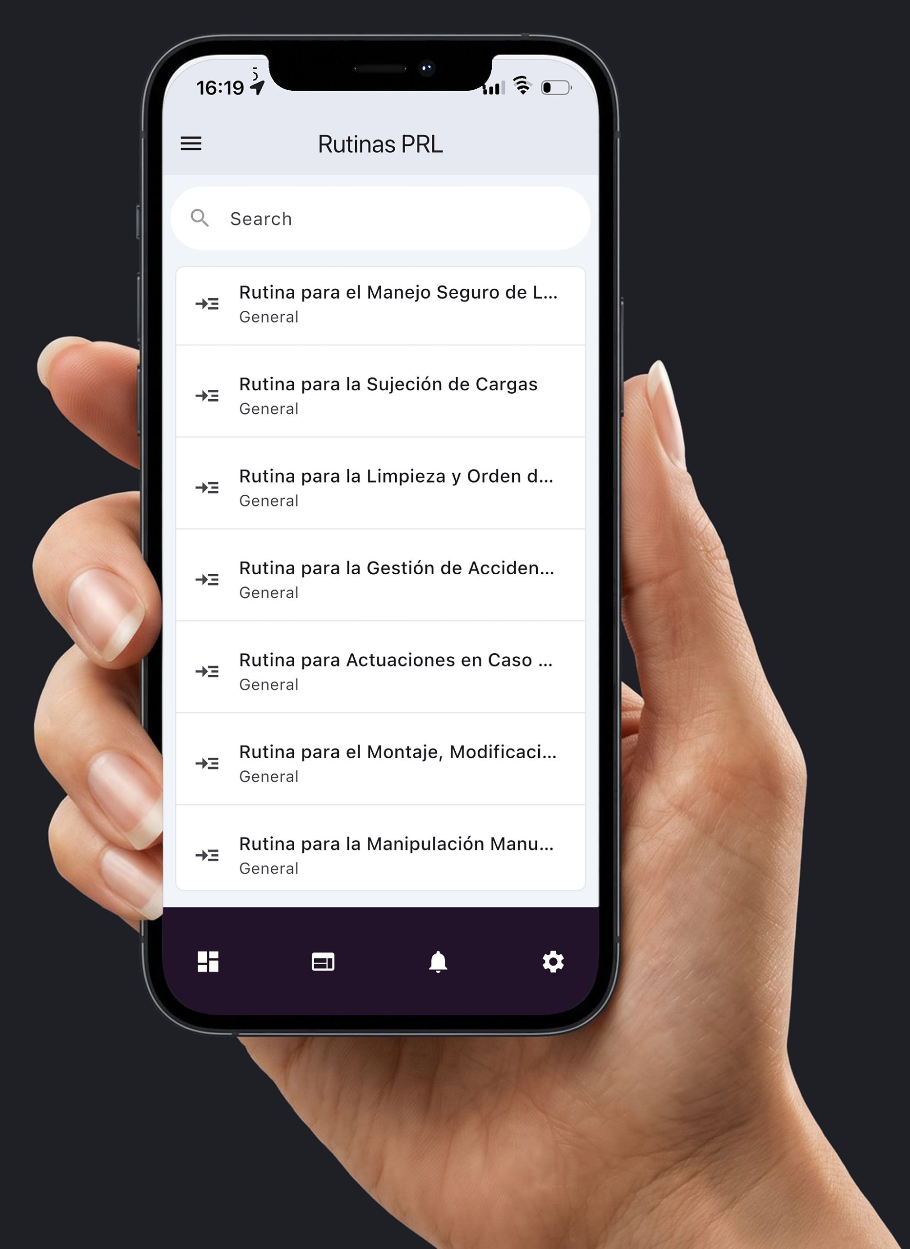 Mano con el móvil: las rutinas de prevención. Datos de ejemplo.
