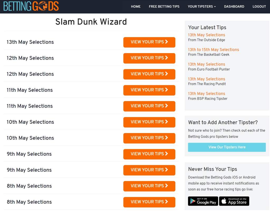 slam dunk wizard betting gods dashboard members area