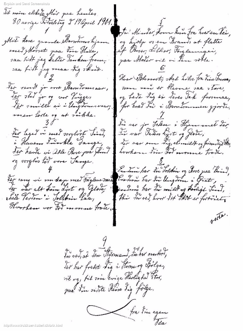 "Til min elskede Mor på hendes 80årige fødselsdag d. 17. april 1901" som gengives her med Ida Brix' håndskrift: