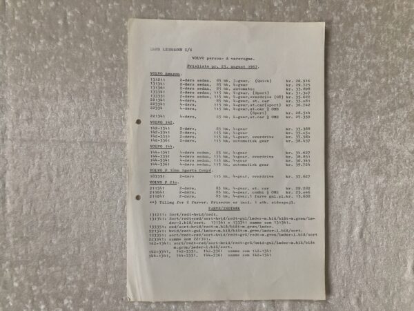 Volvo 1967 prislistebrochure/price list sales brochure