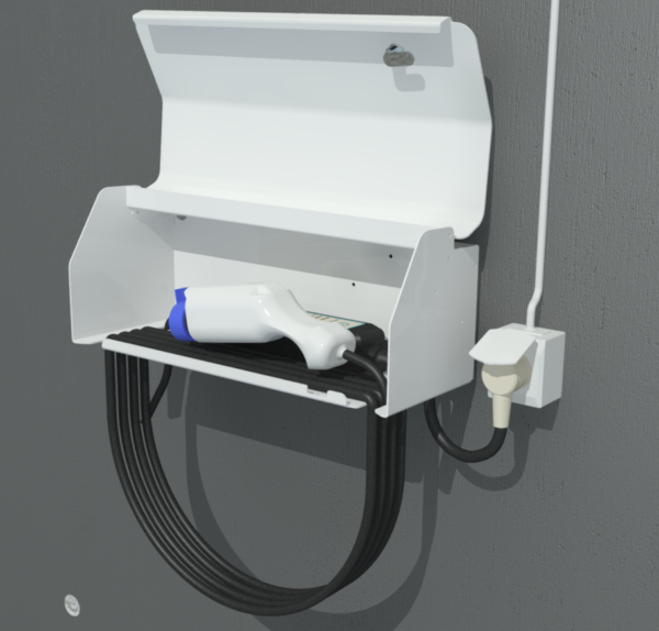 Elbil Ladestasjon 230V fra Tomaks med veggboks og stikkontakt på utsiden av boks
