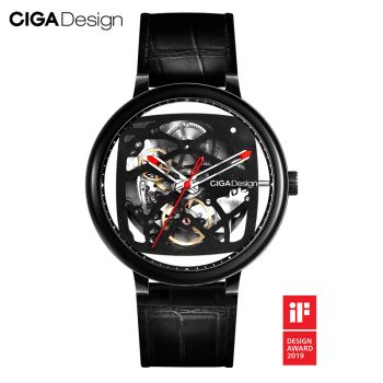 Original Ciga Design Fangyuan Series Skeleton Creative Automatic Mechanical Watch Genuine Leather Strap Watch Black