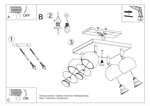 opbouw plafondlamp met 4 ronde spots OCULARE zwart - Afbeelding 5