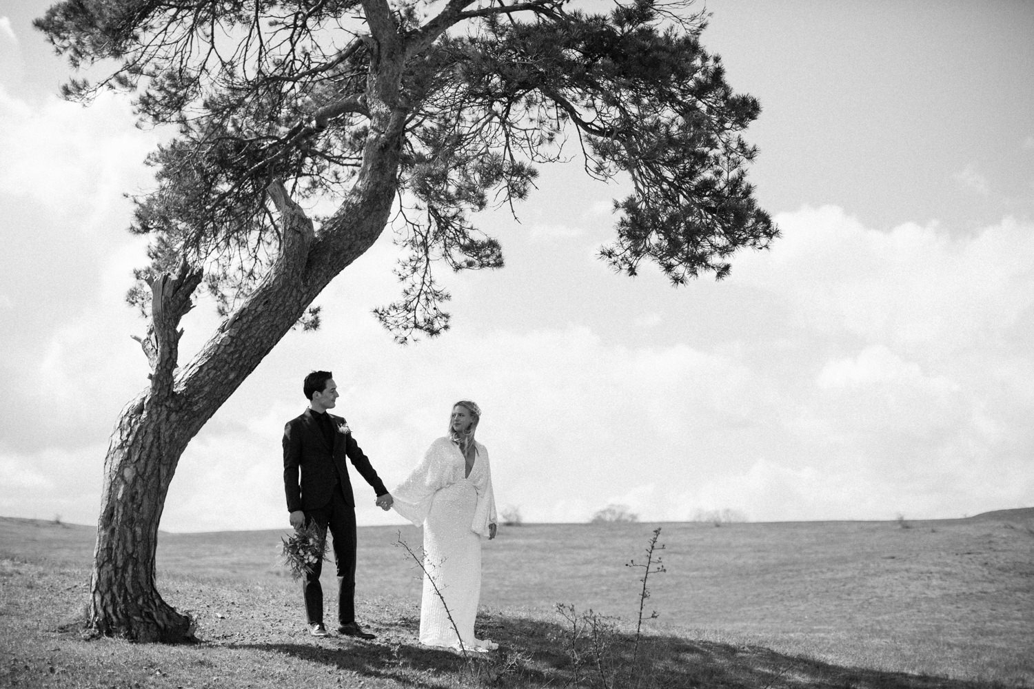 Bröllopsporträtt vid den ensamma tallen i Haväng, vigseln skedde precis intill. Elopement bröllop till Skåne. Bröllopsfotograf är Tove Lundquist.