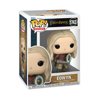 Funko Pop! Movies vinylfigur af Éowyn fra Ringenes Herre, nummer 1743, udstillet i sin æske med Éowyn, der holder et skjold og er iført sin kampdragt. Emballagen har film- og karakterbranding.