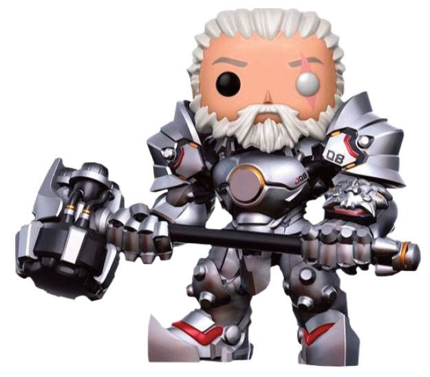 En Funko Pop! vinylfigur af en sølvfarvet figur med hvidt hår og skæg, der holder en stor hammer og er iført en futuristisk rustning med metalliske detaljer.