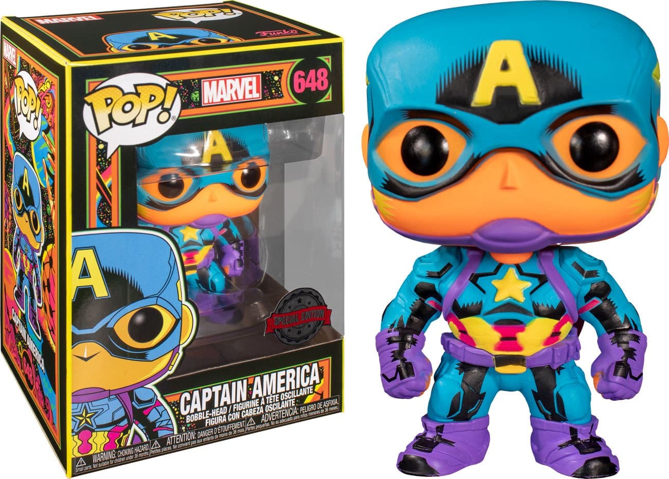 En livlig Funko Pop! vinylfigur af Captain America i klare blå, orange, lilla og gule farver, der både vises i æsken med Marvel-tema og stående uden for den. Æsken er mærket "648" og "Special Edition".