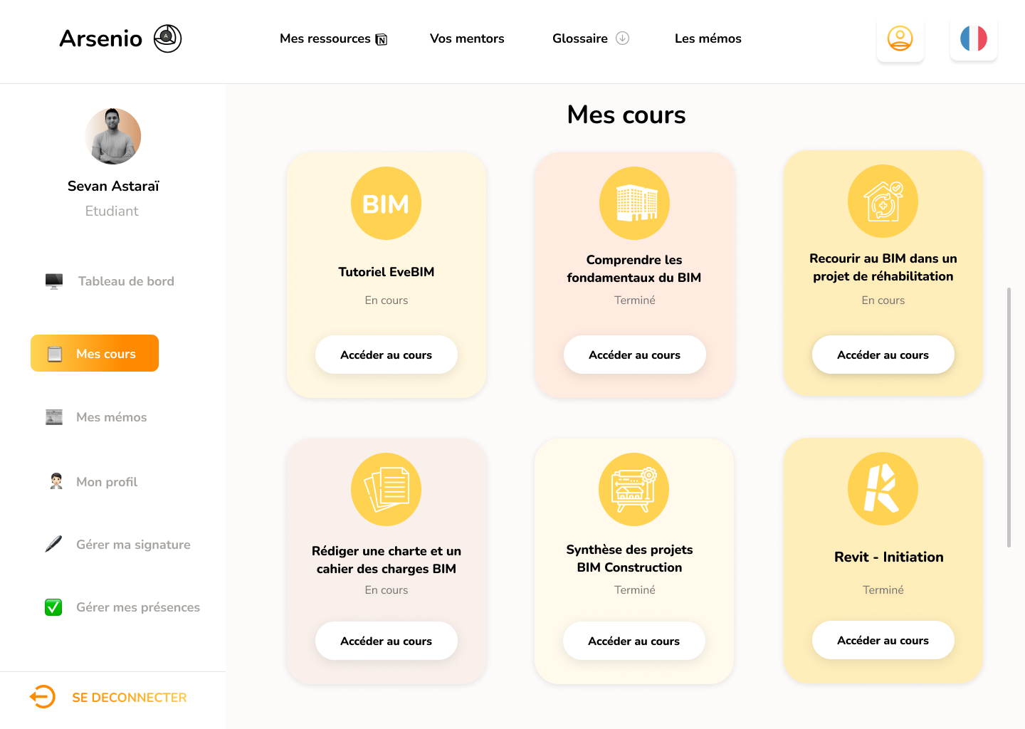 Capture d'écran de la plateforme de formation : accès aux cours sur le BIM