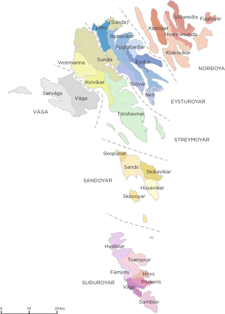 Map of districts and municipalities. KF.FO AND PEDER DAM, 2022