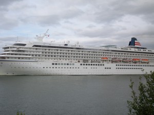 Japanese liner passing down the Seine at Mailleraye-sur-Seine