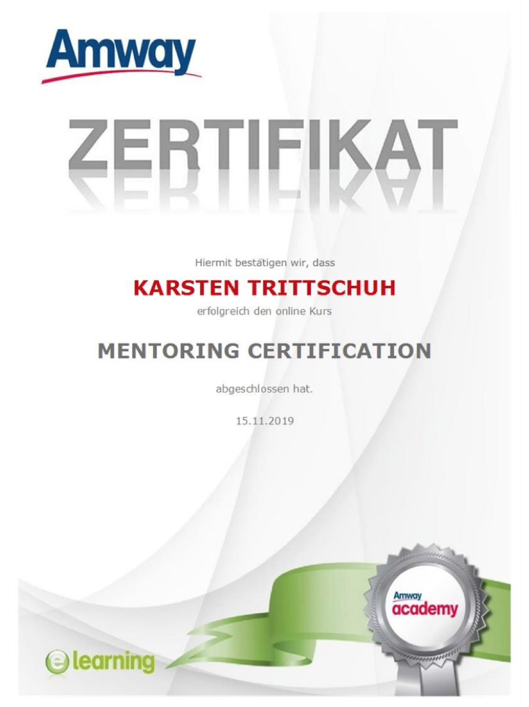 Zertifikat - Mentoring - Karsten Trittschuh
