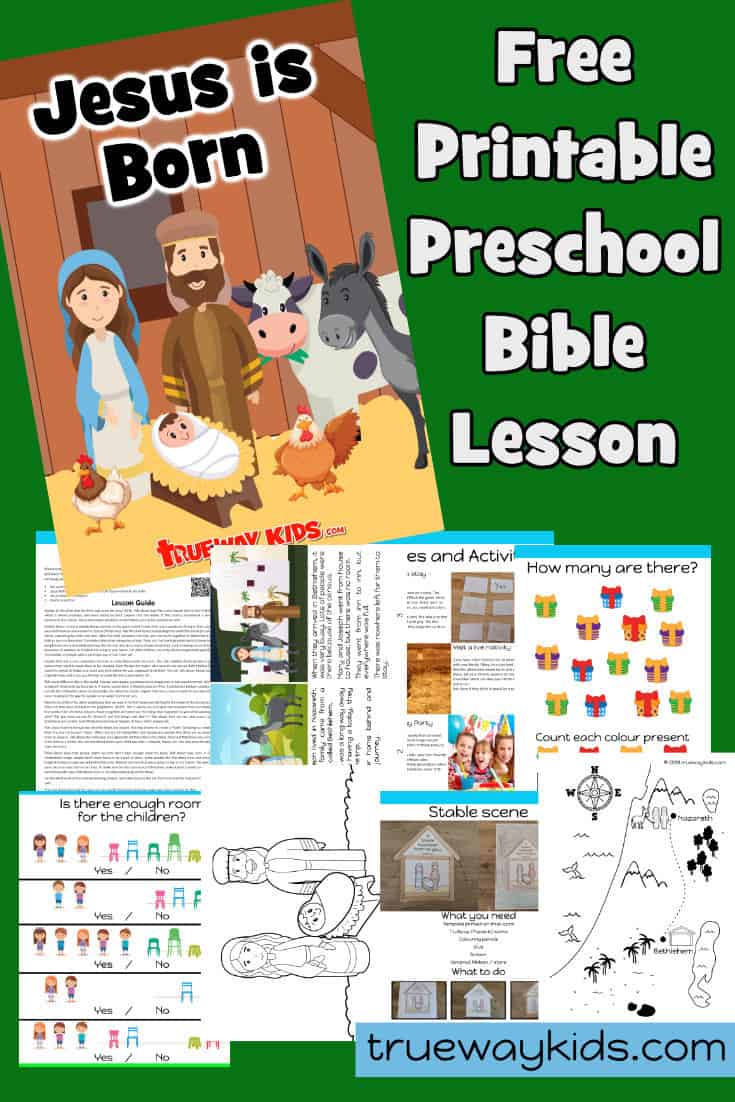 Jesus is born. Free printable Bible lesson for preschool children. Learn about the trip to Bethlehem and no place to stay. Luke 2. Includes worksheets, coloring pages, Bible games and activities and Christmas worship ideas, easy kids crafts and more.