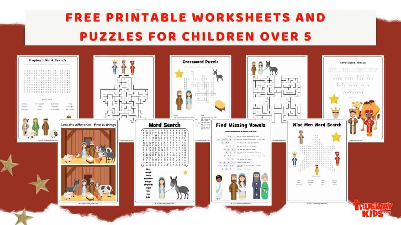 Use our puzzles to at home or at church to teach your children about Jesus and His birth, and keep them busy and happy with something fun. Included in the pack are: • Crosswords • Word Searches • Missing letters • Mazes • Spot the difference • Cryptogram - With Bible verses and more Answer pages are also provided for most of the worksheets.
