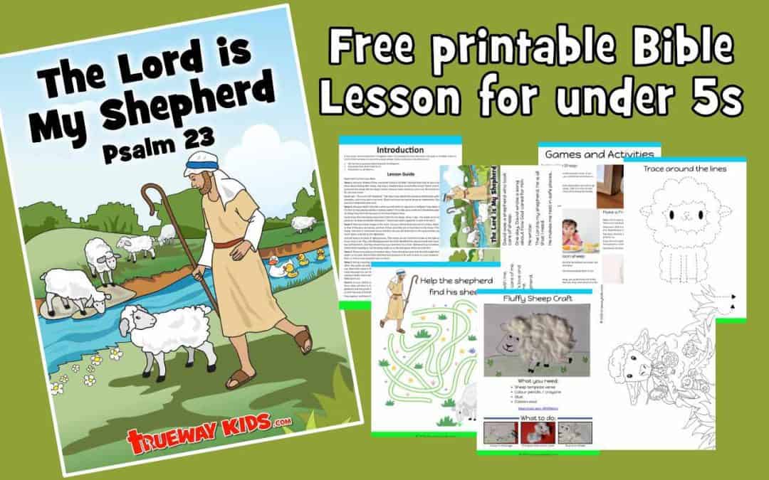The Lord is My Shepherd - Psalm 23. FREE printable Bible lesson for kids. Psalm 23 is possibly the most well-known psalm in the Bible. Psalm 23 is full of God's promises to care of His people (sheep). We will explore this psalm through our free printable lesson pack with lesson guide, story pages, crafts, coloring pages, worksheets and more,