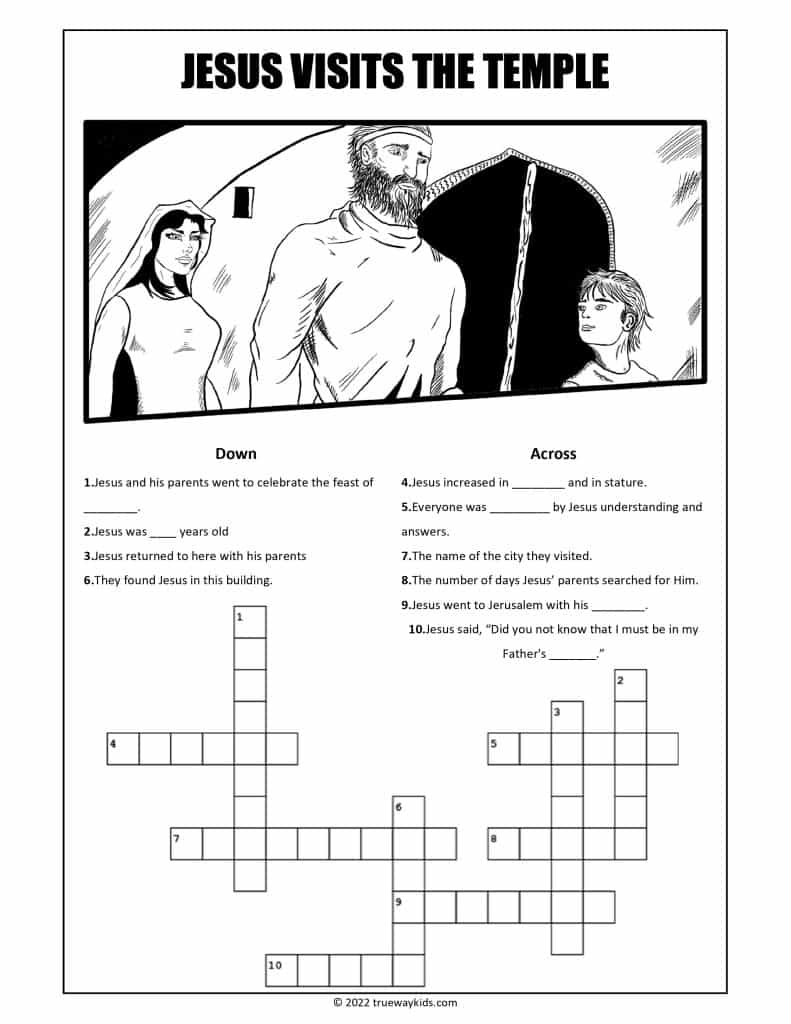 Jesus visits the temple as a boy - Luke 2 - Crossword page. Free printable. Preteens and teen, at home, youth group, church.