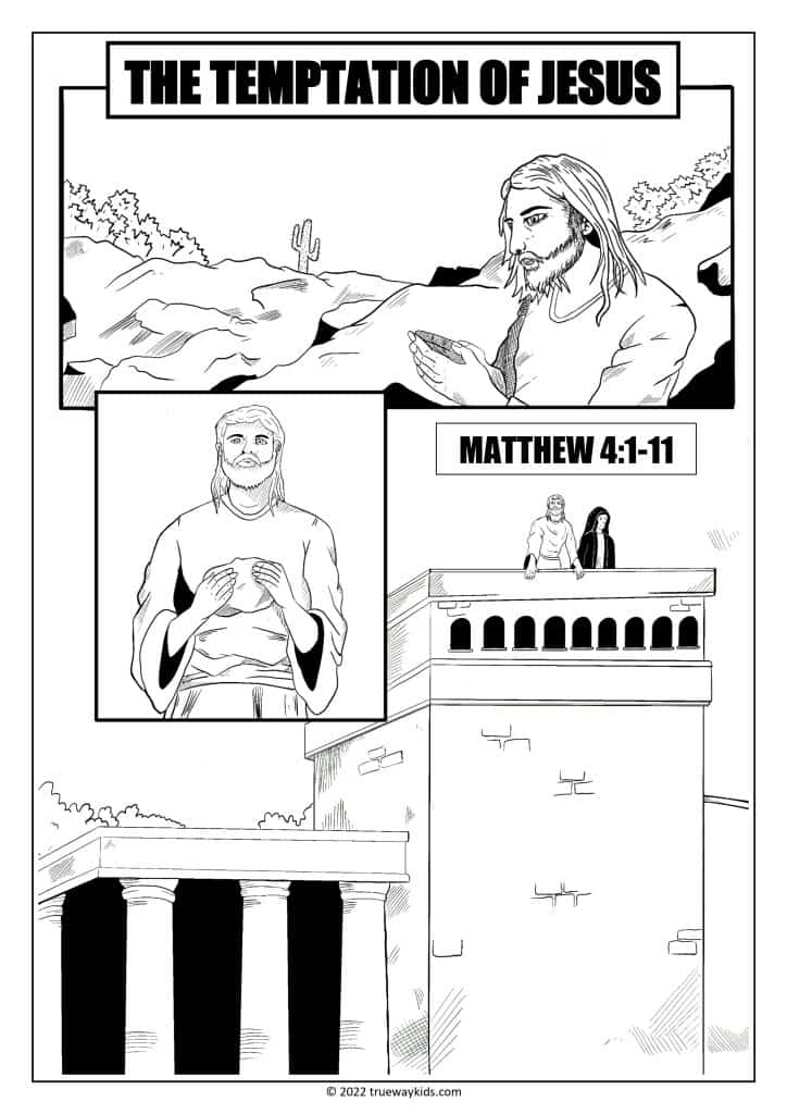 The temptation of Jesus - Comic style coloring page. Ideal for preteen and teen. Home Bible study, youth groups or church.  - Free printable worksheet on MATTHEW 4:1-11