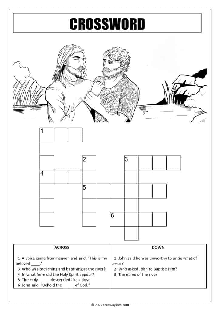 The Baptism of Jesus Crossword puzzle page for preteens, teens and youth. Free printable. Ideal for home Bible Study, Youth Groups and church. Jesus is baptism in the river by John the Baptist.