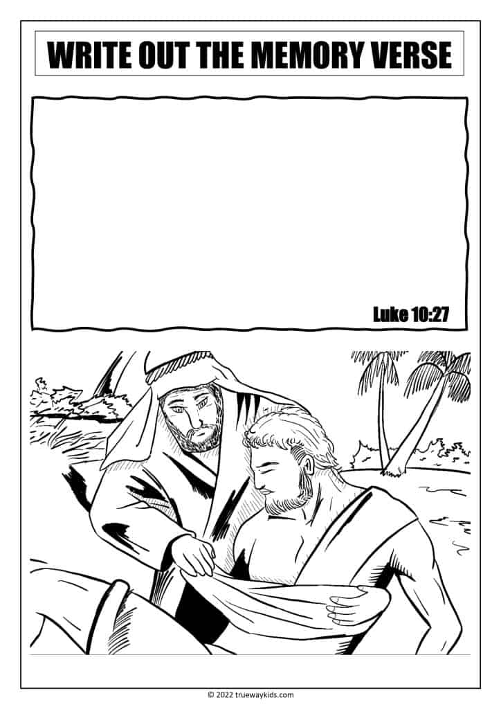 The Parable of the Good Samaritan -Luke 10:27 Bible memory verse page for teens