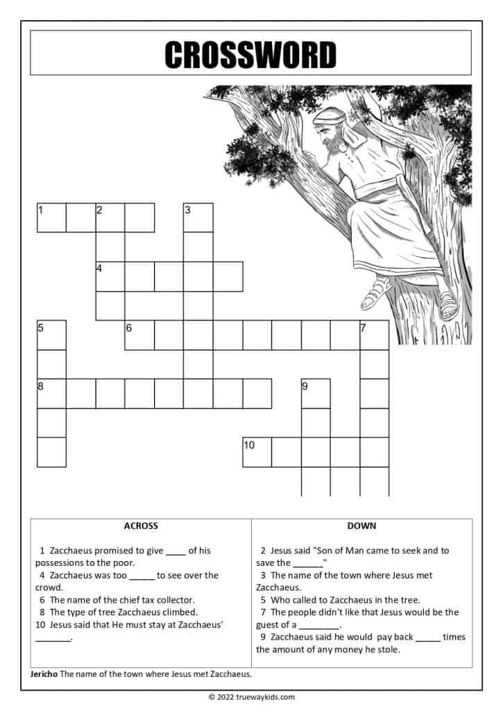 Zacchaeus crossword worksheet for teens