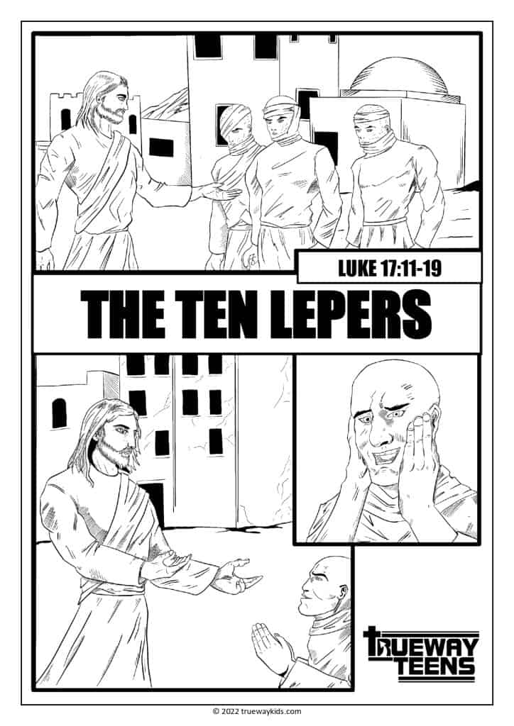 Jesus heals the The Ten Lepers - coloring page for teens - free printable