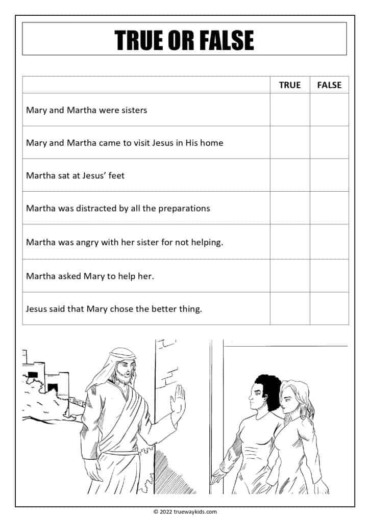 Jesus visits Mary and Martha - True or False worksheet for teens