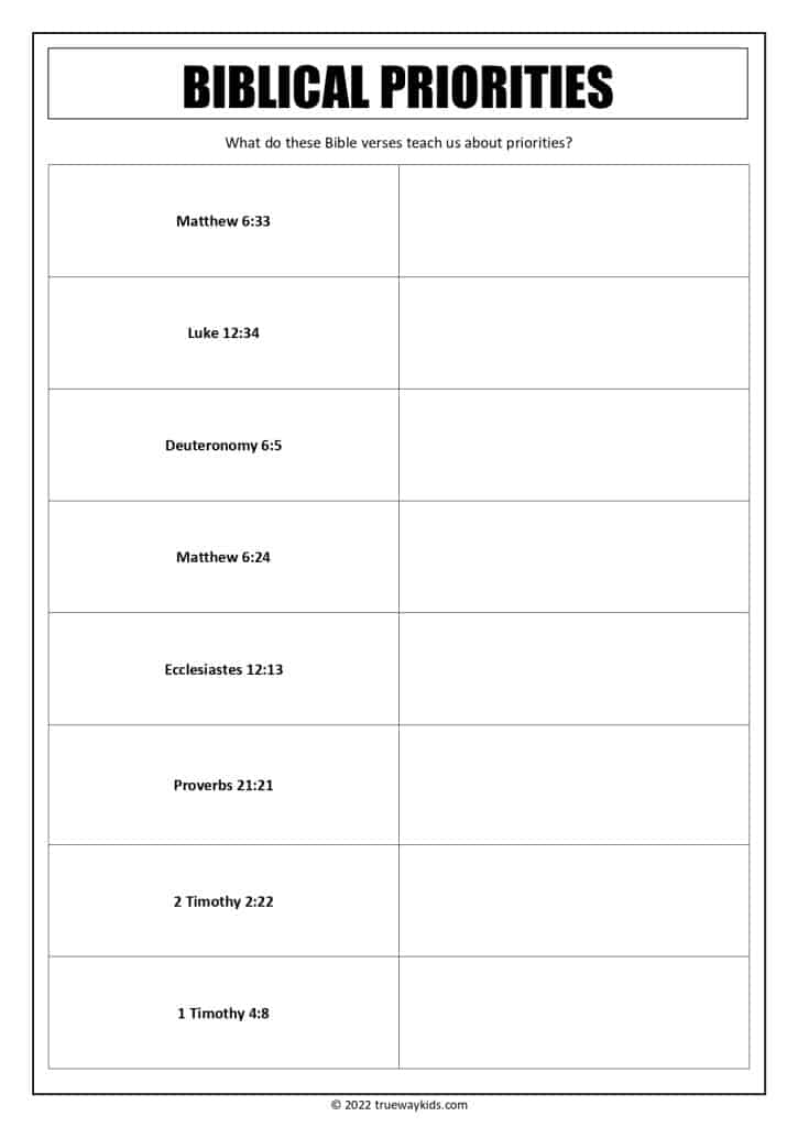 What do these Bible verses teach us about priorities?worksheet for teens