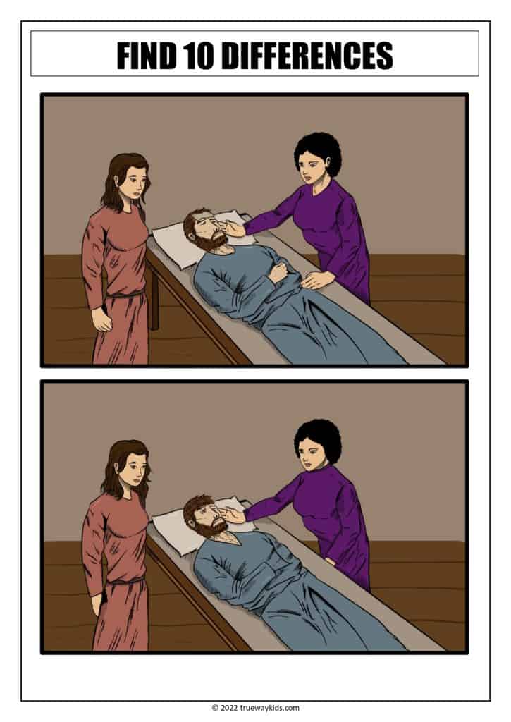 Jesus raised Lazarus from the dead - spot the difference worksheet for teens