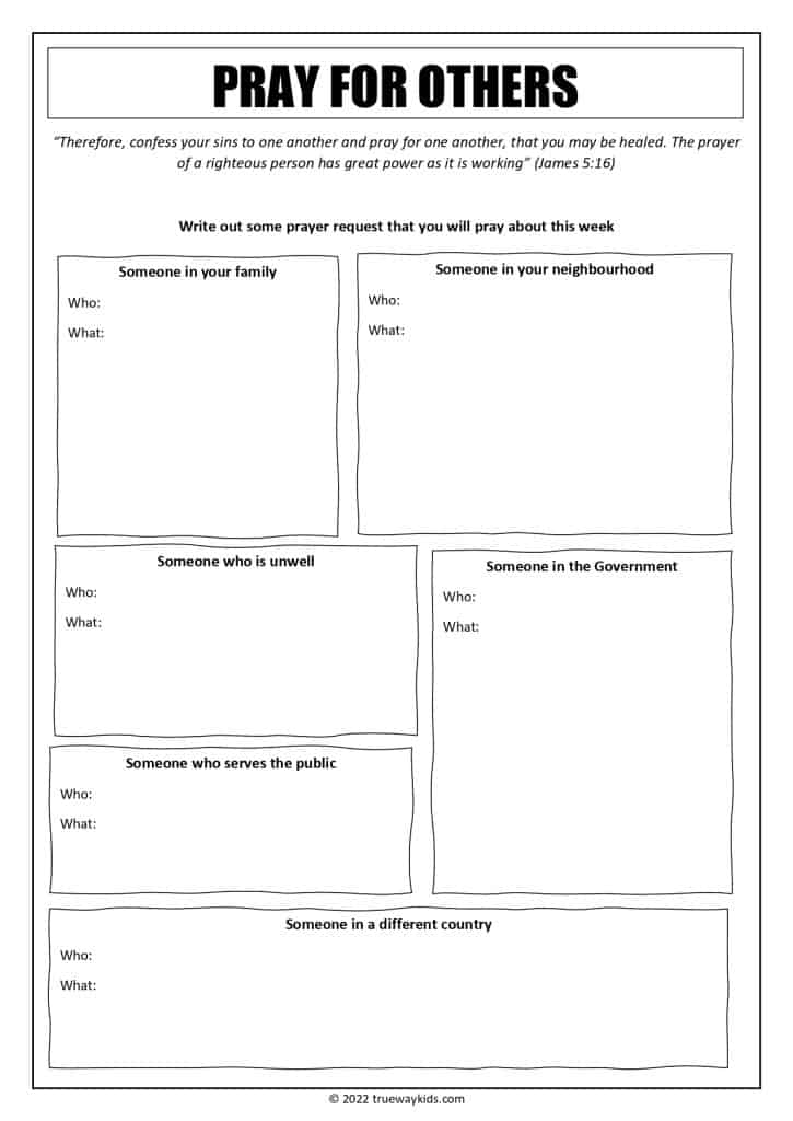 Looking for a way to help your teen focus on praying for others? This worksheet provides a great starting point. It includes a list of different people to pray for and space to write out specific prayer requests. This is a great resource for any youth Bible study group! 