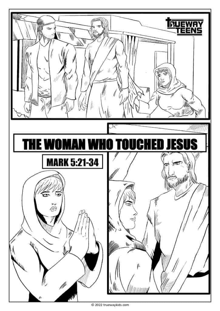 The woman with issue of blood touched Jesus Mark 5:21-34 - coloring page for teens