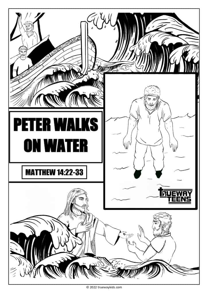 Peter walks on water - write Matthew 14:22-33 coloring page for teens