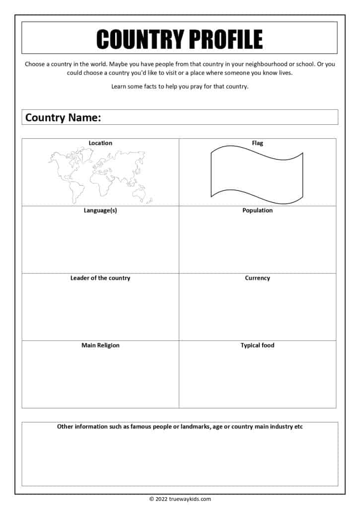 Country profile fact sheet - worksheet for teens