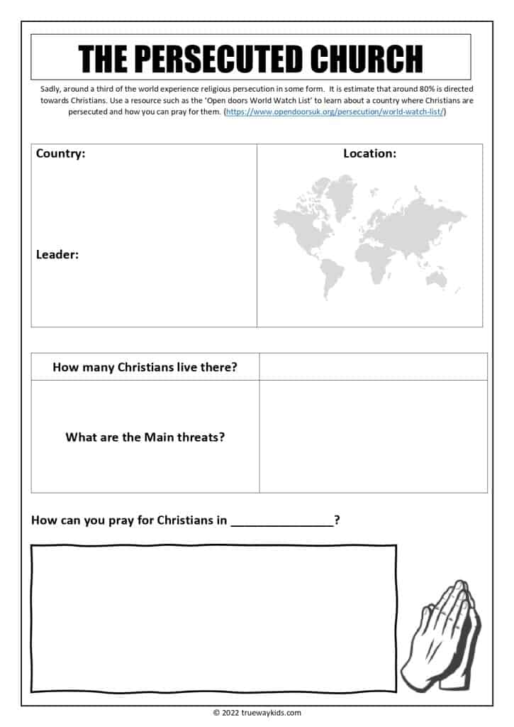 Pray for The Persecuted church - worksheet for teens