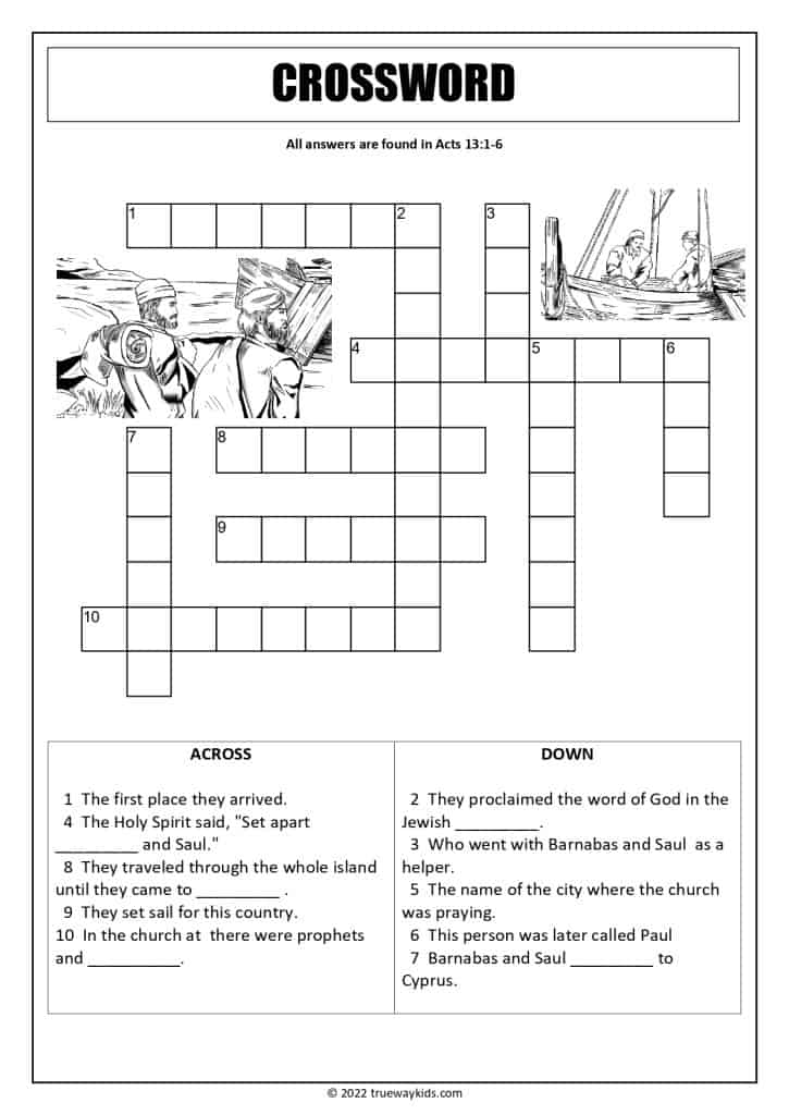 Paul's Missionary Journey in Acts 13 crossword worksheet for teens