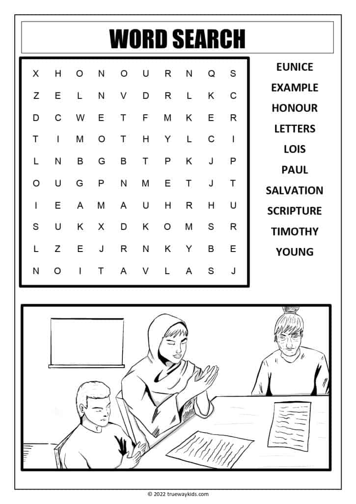 Timothy Bible word search worksheet for teens