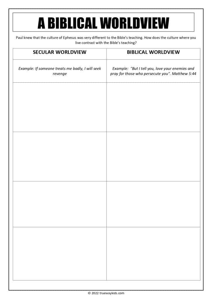 This BIBLICAL WORLDVIEW worksheet for teens is a great way to help them compare and contrast the secular world view with a biblical worldview. It's a great resource for youth groups, families and churches.